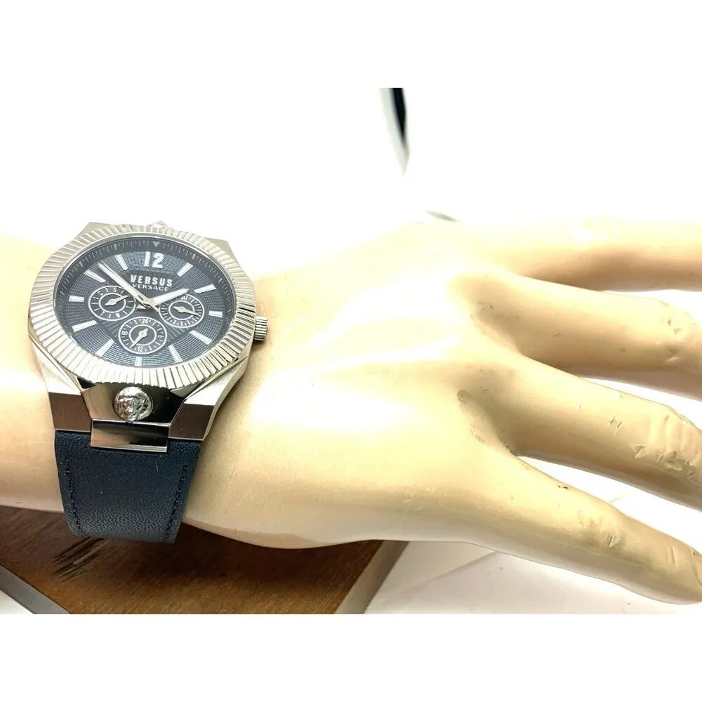 Versus by Versace Mens Watch VSP1P1121 Quartz Blue Gray Dial Silver Leather 42mm